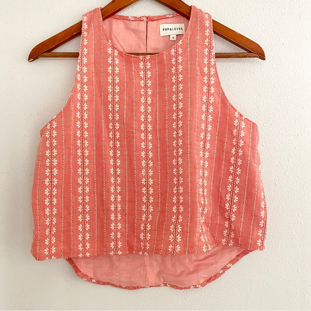 Anthropologie PEPALOVES Pink White Embroidered Sleeveless Top Crop Hi Lo S